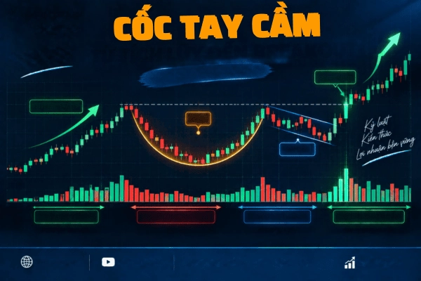 Mô hình Cốc Tay Cầm là gì? Tìm hiểu cấu trúc Cup and Handle, cách nhận biết tay cầm, Volume, điểm breakout, điểm mua và quản trị rủi ro khi giao dịch.