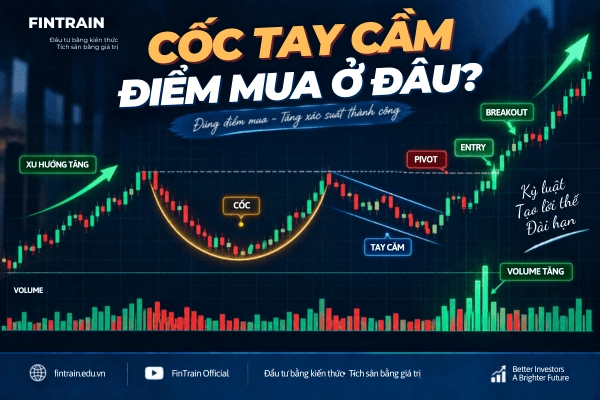 Cup and Handle, mô hình cốc tay cầm chứng khoán, cách nhận biết cốc tay cầm, điểm mua cốc tay cầm, breakout cốc tay cầm, Volume cốc tay cầm, CAN SLIM, SEPA