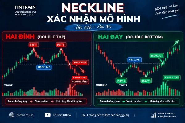 Double Top, Double Bottom, mô hình hai đỉnh chứng khoán, mô hình hai đáy chứng khoán, neckline là gì, cách giao dịch hai đỉnh hai đáy, mô hình đảo chiều