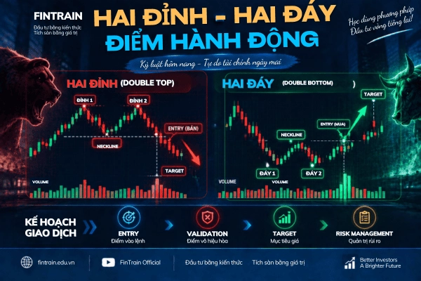 Mô hình Hai Đỉnh, Hai Đáy là gì? Tìm hiểu cách nhận biết Double Top, Double Bottom, neckline, Volume, điểm xác nhận và cách quản trị rủi ro khi giao dịch.
