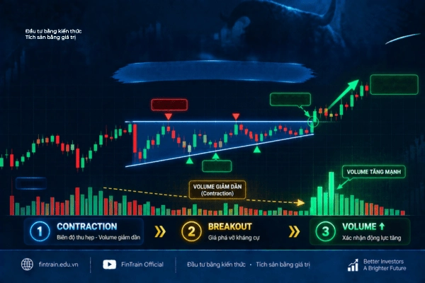 Mô hình Tam Giác trong chứng khoán là gì? Tìm hiểu Tam Giác Tăng, Tam Giác Giảm, Tam Giác Cân, Volume, Breakout, Breakdown và cách giao dịch thực chiến.