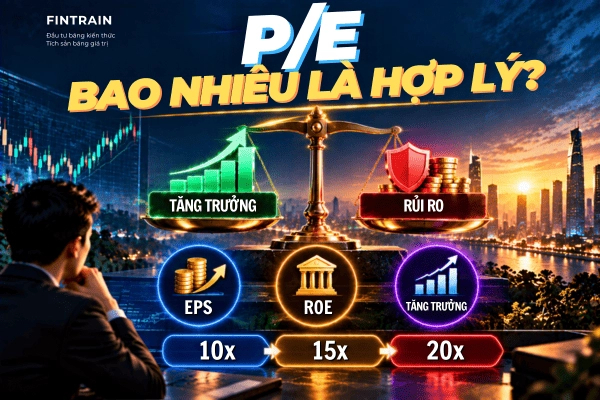 Tìm hiểu phương pháp định giá P/E, công thức P/E, P/E Forward, P/E Trailing, cách chọn P/E hợp lý và cách định giá cổ phiếu dựa trên EPS, tăng trưởng và biên an toàn.