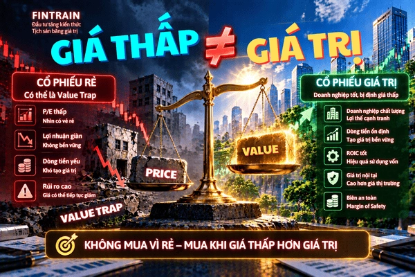 Cổ phiếu giá trị là gì? Tìm hiểu cách nhận biết Value Stock, phân tích P/E, P/B, ROE, ROIC, dòng tiền, định giá và Margin of Safety để tránh bẫy giá trị.